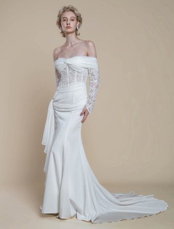 ボヘミアンウェディングドレス ポリエステル レース シース トレーン付き ナチュラルウエスト ジッパー 長袖 バトーネック アイボリー