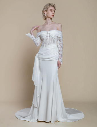 ボヘミアンウェディングドレス ポリエステル レース シース トレーン付き ナチュラルウエスト ジッパー 長袖 バトーネック アイボリー