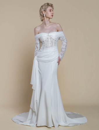 ボヘミアンウェディングドレス ポリエステル レース シース トレーン付き ナチュラルウエスト ジッパー 長袖 バトーネック アイボリー