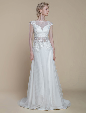 ツーピース ウェディングドレス レース レース イリュージョン ネックライン シース トレーン ジッパー付き 半袖 ロング 30cm アイボリー