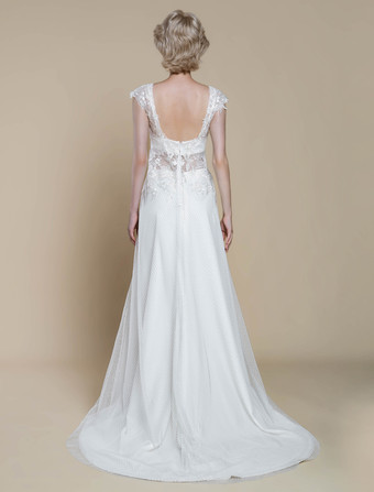 ツーピース ウェディングドレス レース レース イリュージョン ネックライン シース トレーン ジッパー付き 半袖 ロング 30cm アイボリー