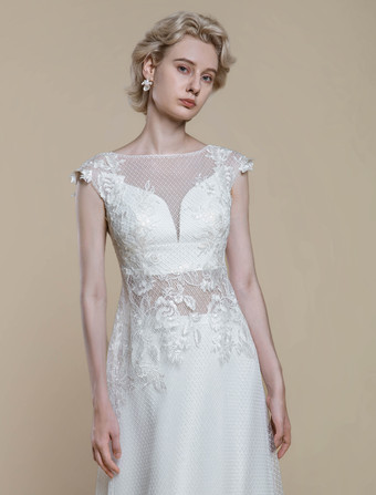 ツーピース ウェディングドレス レース レース イリュージョン ネックライン シース トレーン ジッパー付き 半袖 ロング 30cm アイボリー