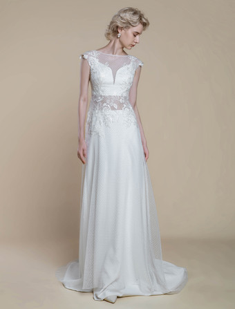 ツーピース ウェディングドレス レース レース イリュージョン ネックライン シース トレーン ジッパー付き 半袖 ロング 30cm アイボリー