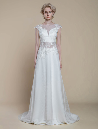 ツーピース ウェディングドレス レース レース イリュージョン ネックライン シース トレーン ジッパー付き 半袖 ロング 30cm アイボリー