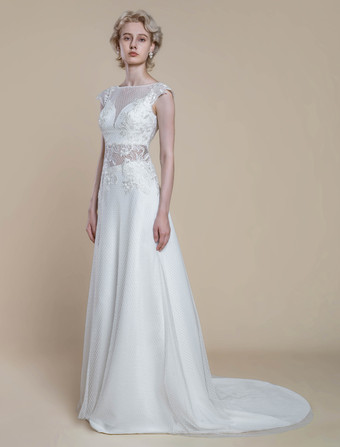 ツーピース ウェディングドレス レース レース イリュージョン ネックライン シース トレーン ジッパー付き 半袖 ロング 30cm アイボリー