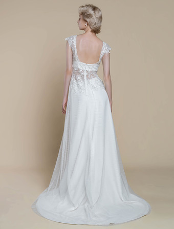 ツーピース ウェディングドレス レース レース イリュージョン ネックライン シース トレーン ジッパー付き 半袖 ロング 30cm アイボリー