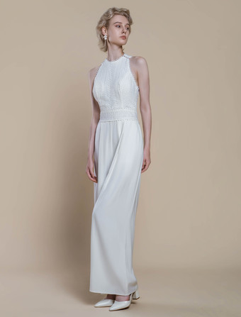 ブライダルジャンプスーツ ポリエステル パール 足首丈ジャンプスーツ デザインネックライン ノースリーブ ホルター ナチュラルウエスト アイボリー