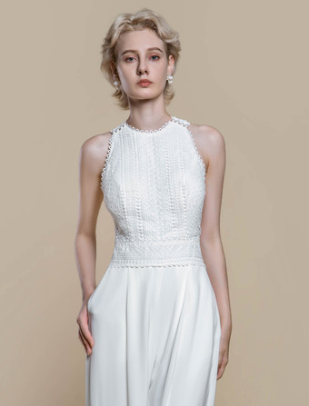 ブライダルジャンプスーツ ポリエステル パール 足首丈ジャンプスーツ デザインネックライン ノースリーブ ホルター ナチュラルウエスト アイボリー