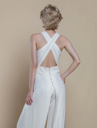 ブライダルジャンプスーツ ポリエステル パール 足首丈ジャンプスーツ デザインネックライン ノースリーブ ホルター ナチュラルウエスト アイボリー