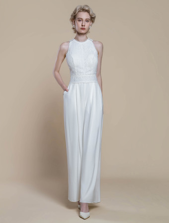 ブライダルジャンプスーツ ポリエステル パール 足首丈ジャンプスーツ デザインネックライン ノースリーブ ホルター ナチュラルウエスト アイボリー