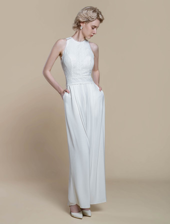 ブライダルジャンプスーツ ポリエステル パール 足首丈ジャンプスーツ デザインネックライン ノースリーブ ホルター ナチュラルウエスト アイボリー