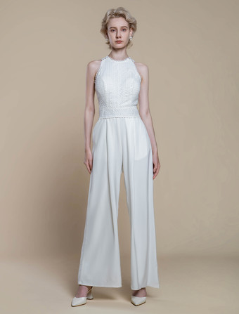 ブライダルジャンプスーツ ポリエステル パール 足首丈ジャンプスーツ デザインネックライン ノースリーブ ホルター ナチュラルウエスト アイボリー