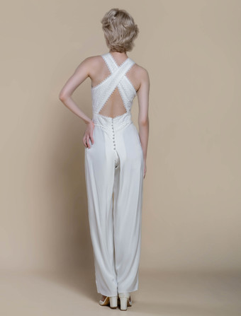 ブライダルジャンプスーツ ポリエステル パール 足首丈ジャンプスーツ デザインネックライン ノースリーブ ホルター ナチュラルウエスト アイボリー