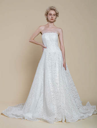 ボヘミアンウェディングドレス レース レース プリンセスシルエット フロアレングス ナチュラルウエスト ジッパー ノースリーブ ストラップレス アイボリー