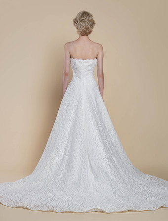 ボヘミアンウェディングドレス レース レース プリンセスシルエット フロアレングス ナチュラルウエスト ジッパー ノースリーブ ストラップレス アイボリー