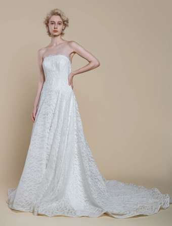 ボヘミアンウェディングドレス レース レース プリンセスシルエット フロアレングス ナチュラルウエスト ジッパー ノースリーブ ストラップレス アイボリー