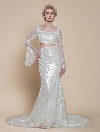 ツーピースウェディングドレス スパンコール スクエアネック マーメイド トレーン付き ジッパー 長袖 ロング アイボリー