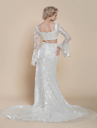 ツーピースウェディングドレス スパンコール スクエアネック マーメイド トレーン付き ジッパー 長袖 ロング アイボリー