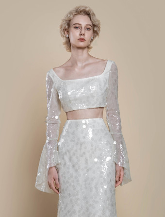 ツーピースウェディングドレス スパンコール スクエアネック マーメイド トレーン付き ジッパー 長袖 ロング アイボリー