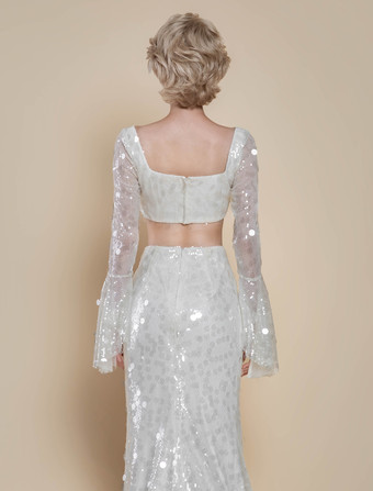 ツーピースウェディングドレス スパンコール スクエアネック マーメイド トレーン付き ジッパー 長袖 ロング アイボリー