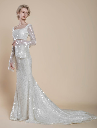 ツーピースウェディングドレス スパンコール スクエアネック マーメイド トレーン付き ジッパー 長袖 ロング アイボリー