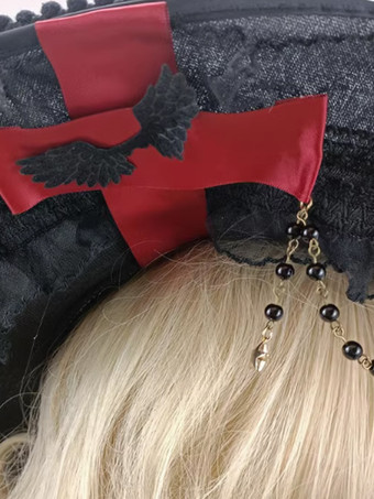 ゴシックロリータ帽子フリルリボンアクセサリーポリエステルブラックロリータアクセサリー