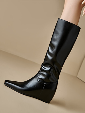 女性用ブラックフラットミッドカーフブーツスクエアトゥウェッジヒールブーツ