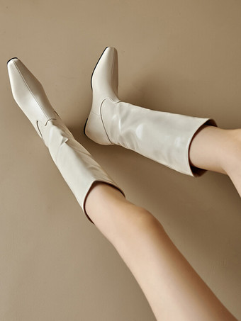 女性用ブラックフラットミッドカーフブーツスクエアトゥウェッジヒールブーツ