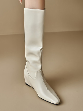 女性用ブラックフラットミッドカーフブーツスクエアトゥウェッジヒールブーツ