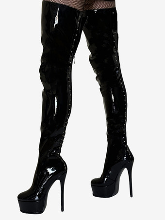 ブラック セクシーなハイヒールブーツ ラウンドトゥ ジッパー スティレットヒール ストリートウェア PU ブラック サイハイブーツ オーバーニーブーツ