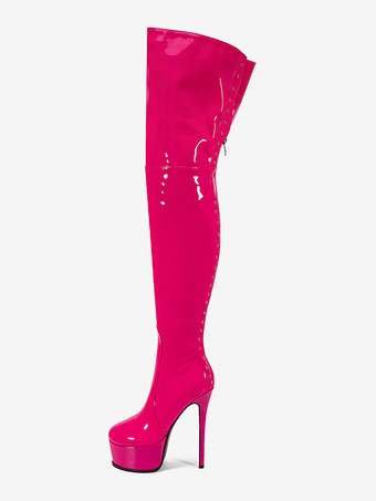 ローズレッドセクシーなハイヒールブーツ ラウンドトゥ ジッパー スティレットヒール ストリートウェア PU ブラック サイハイブーツ オーバーニーブーツ