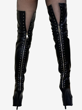 セクシーなハイヒールブーツ ラウンドトゥ ジッパー スティレットヒール ストリートウェア PU ブラック サイハイブーツ オーバーニーブーツ