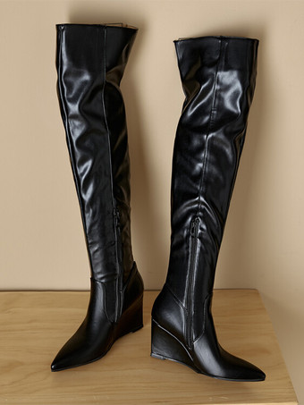 オーバーニーブーツ ホワイト レディース サイハイブーツ PUレザー ウェッジヒール