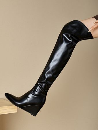 オーバーニーブーツ ホワイト レディース サイハイブーツ PUレザー ウェッジヒール