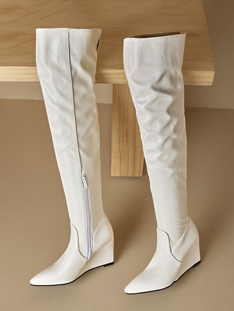 オーバーニーブーツ ホワイト レディース サイハイブーツ PUレザー ウェッジヒール