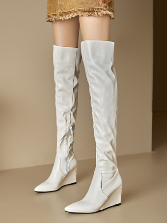 オーバーニーブーツ ホワイト レディース サイハイブーツ PUレザー ウェッジヒール