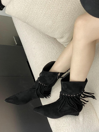 ブラック レディース アンクルブーツ コーヒーブラウン スエード ウェッジヒール ブーティ タッセル付き