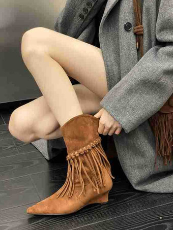 ブラウン レディース アンクルブーツ コーヒーブラウン スエード ウェッジヒール ブーティ タッセル付き