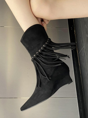 レディース アンクルブーツ コーヒーブラウン スエード ウェッジヒール ブーティ タッセル付き