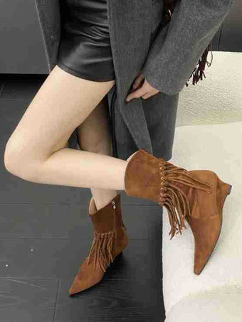 レディース アンクルブーツ コーヒーブラウン スエード ウェッジヒール ブーティ タッセル付き
