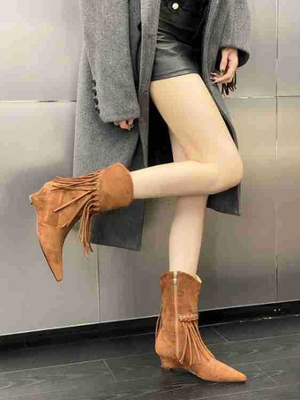 レディース アンクルブーツ コーヒーブラウン スエード ウェッジヒール ブーティ タッセル付き