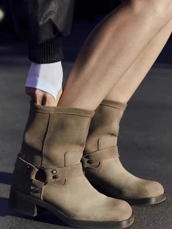 カーキ スエード アンクルブーツ フラット ラウンドトゥ バックルディテール ブーティ
