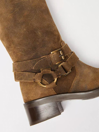 スエードニーブーツ レディース ディープブラウン スクエアトゥ バックルディテール フラットブーツ