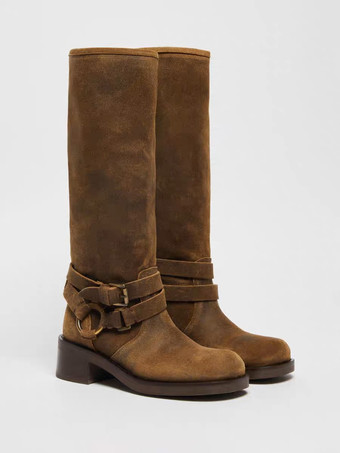 スエードニーブーツ レディース ディープブラウン スクエアトゥ バックルディテール フラットブーツ