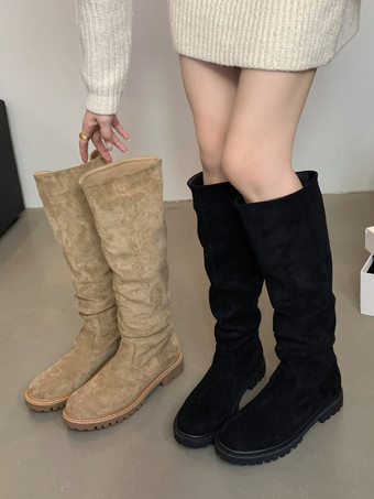 ニーブーツ レディース カーキ シック フラット ニーハイブーツ