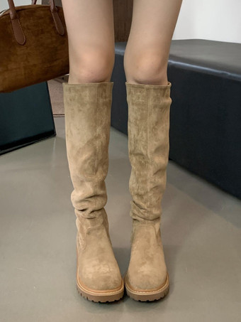 ニーブーツ レディース カーキ シック フラット ニーハイブーツ