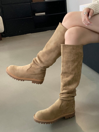 ニーブーツ レディース カーキ シック フラット ニーハイブーツ