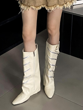 ニーハイブーツ レディース ブラック チェーンディテール ウェッジヒール ニーハイブーツ