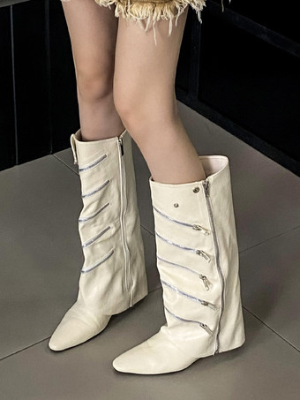 ホワイト ニーハイブーツ レディース ブラック チェーンディテール ウェッジヒール ニーハイブーツ