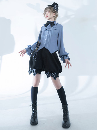 ゴシックロリータブラウス リボン 長袖ブラウス ロリータトップ ライトスカイブルー ロリータシャツ